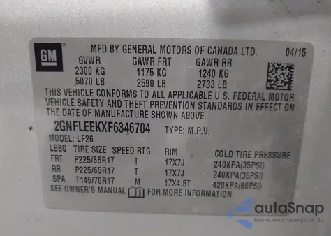 2015 Chevrolet Equinox Ls from USA, damaged, VIN 2GNFLEEKXF6346704